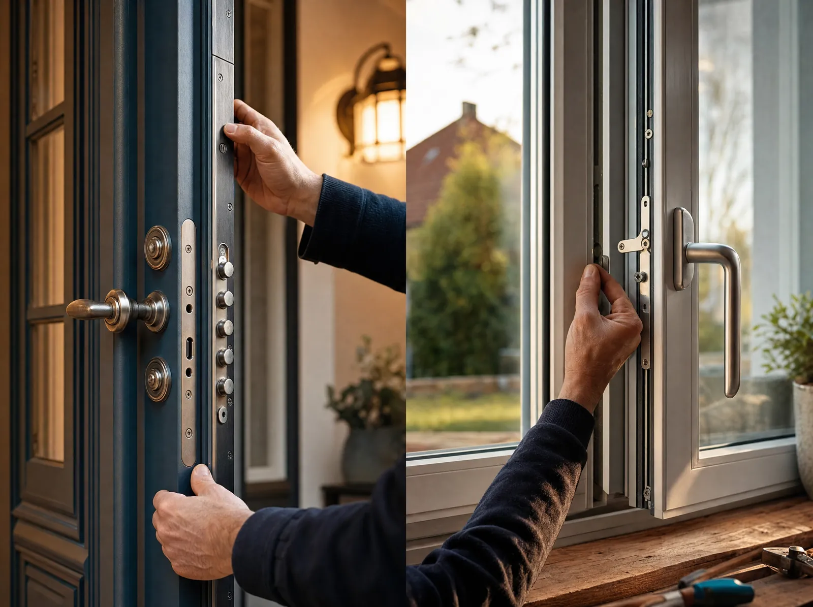 Verstärkte Haustür mit modernem Fensterschloss, Handwerker-Hände prüfen den Sicherheitsbeschlag, warmes Licht.